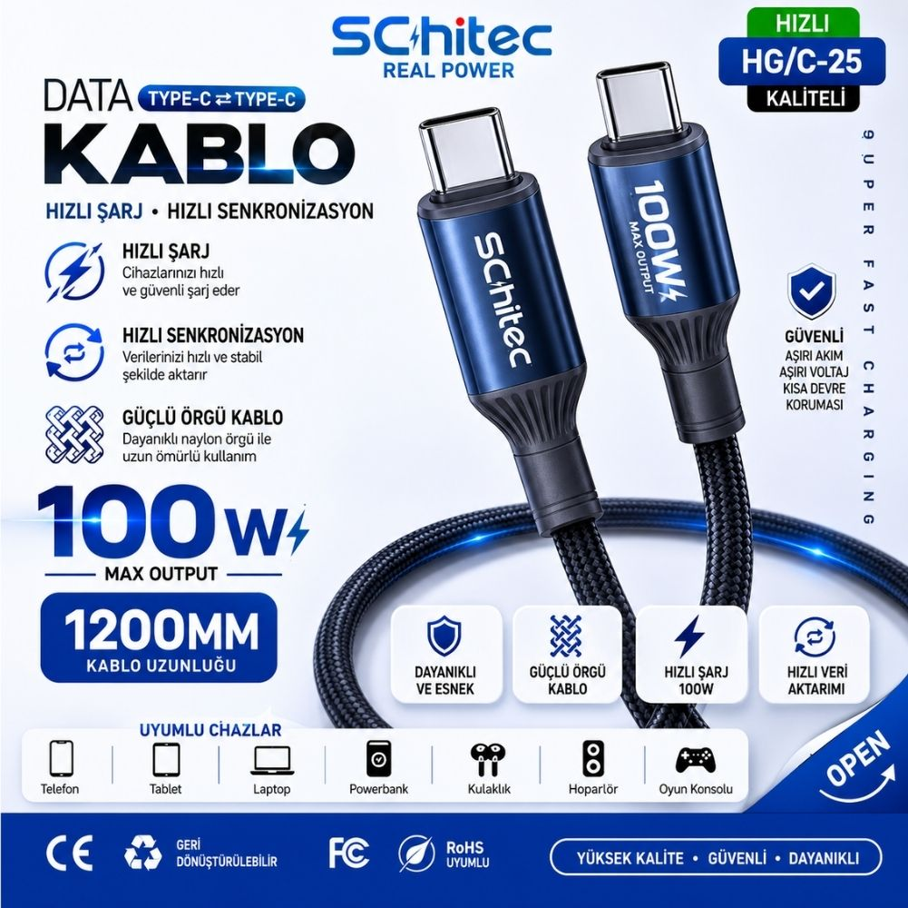 Schitec 100W USB-C Kablo: mavi, örgülü, 1,2m, hızlı şarj ve veri için.