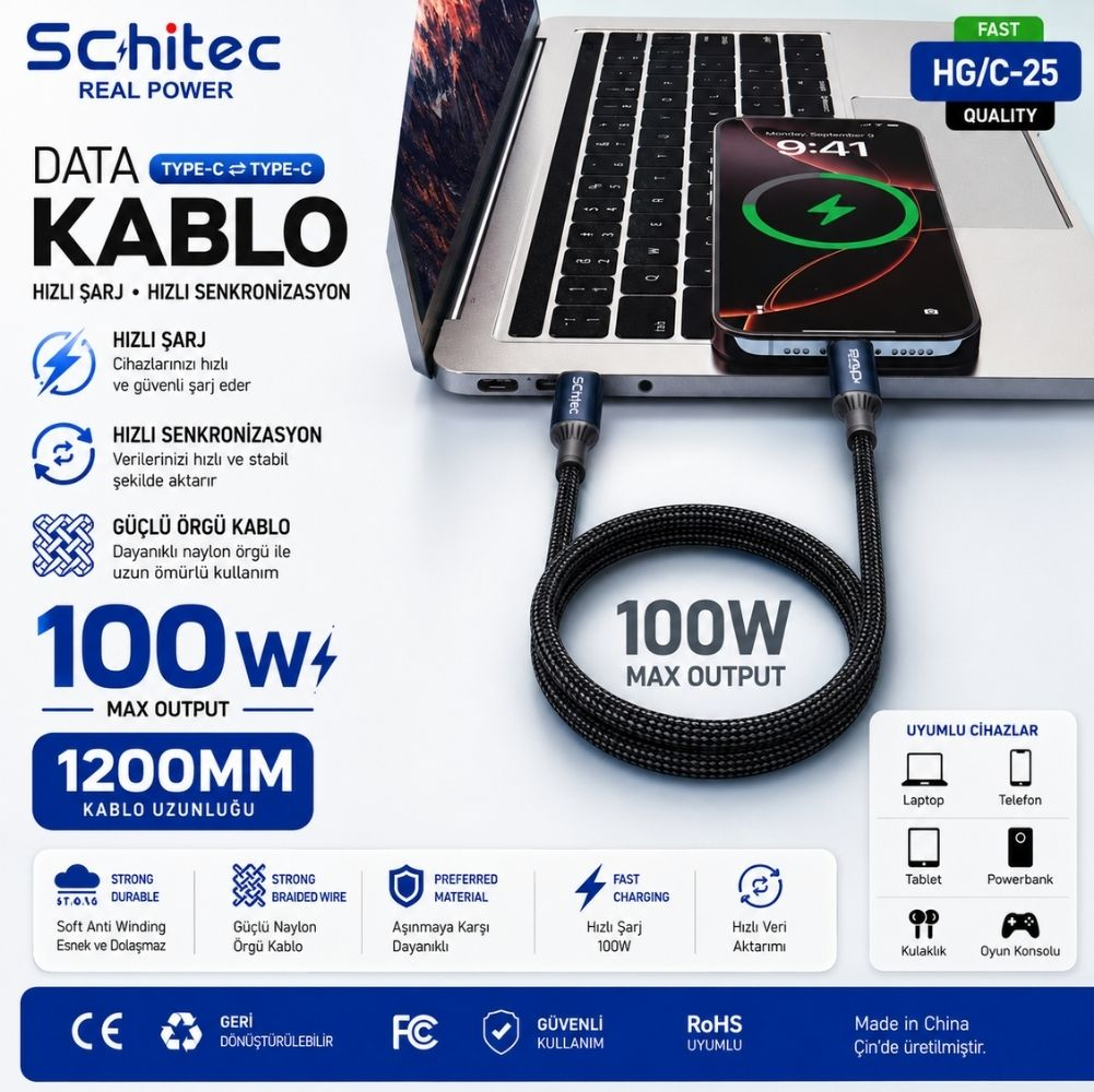 Bir Schitec şarj kablosu, dizüstü bilgisayardan akıllı telefona, 100W güç.