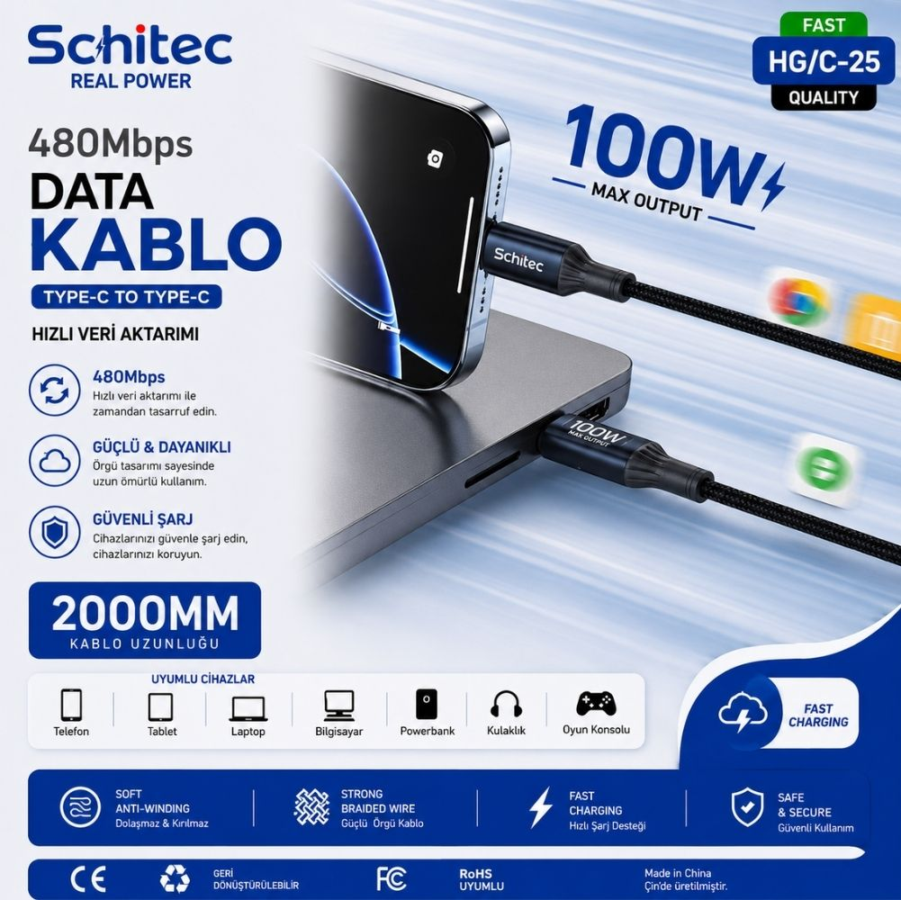 100W çıkışlı siyah Schitec Type-C'den Type-C'ye kablo, akıllı telefona ve dizüstü bilgisayara takılı.