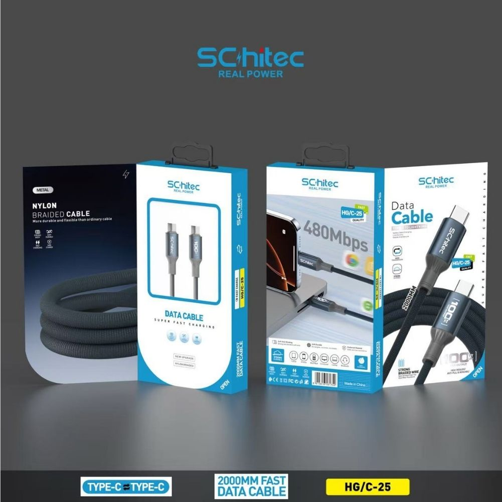 SChitec veri kablosu ambalajları, Type-C konnektörler, 2000 mm uzunluk, 480 Mbps hız.