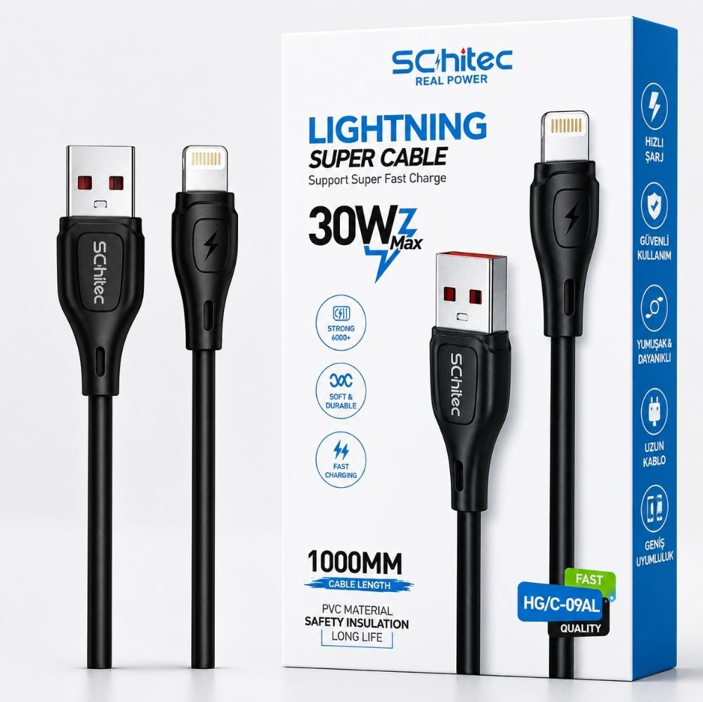 USB-A konektörlü iki siyah Schitec şimşek kablosu yan yana duruyor.
