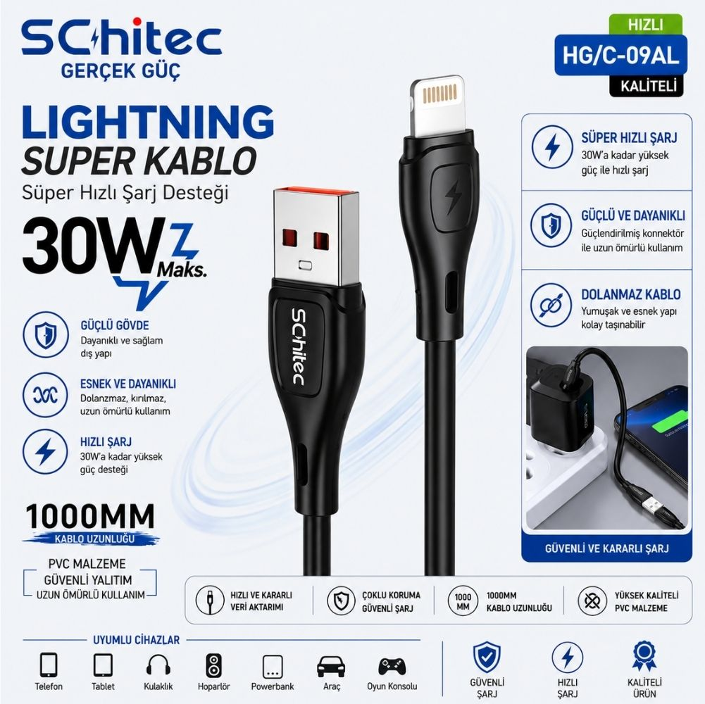 Schitec Lightning Super Kablo: 30W hızlı şarj, 1000mm uzunluk, dayanıklı, esnek.