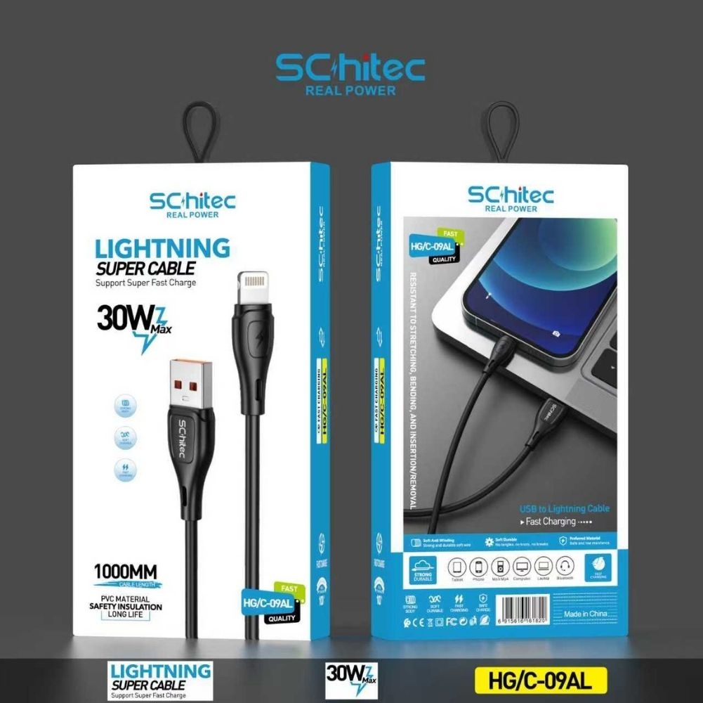 Schitec Lightning Super Kablo ambalajı. Ön yüz kabloyu, arka yüz telefon şarjını gösterir.