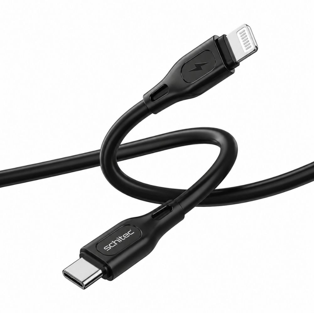 USB-C ve Lightning konektörlü siyah şarj kablosu, beyaz arka plan üzerinde.