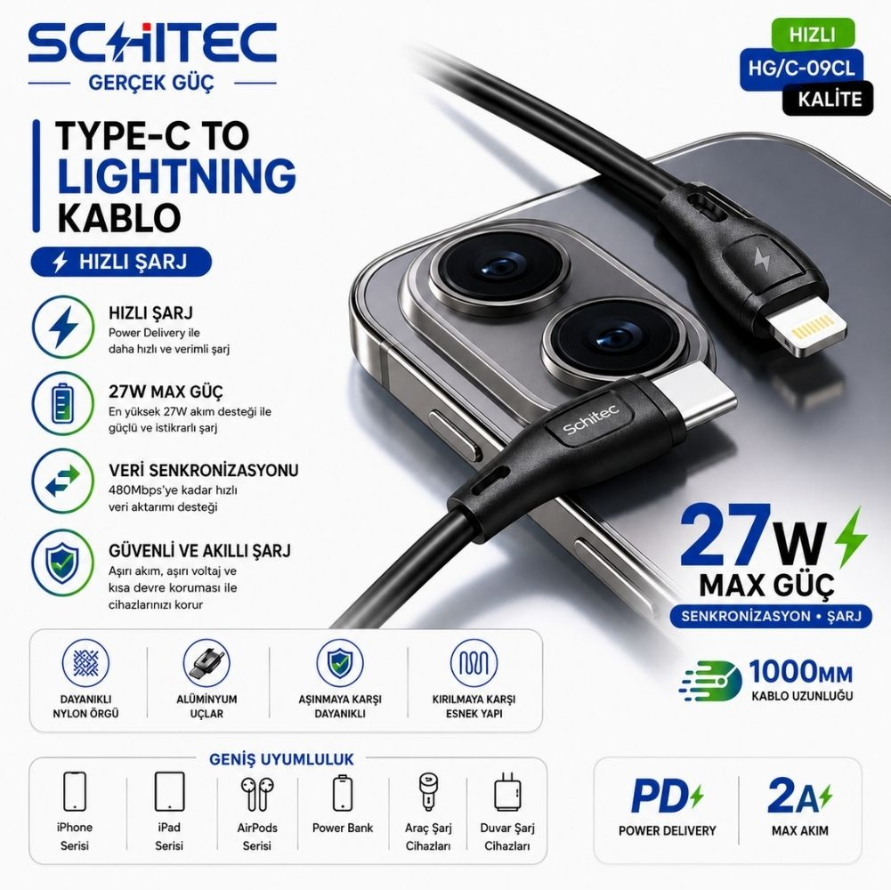 Siyah USB-C - Lightning kablosu bir akıllı telefon üzerinde duruyor. Güç ve uyumluluk detayları.