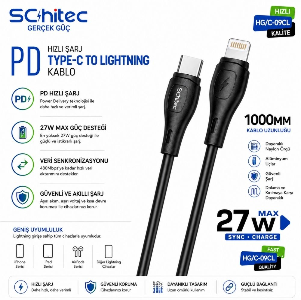 1000 mm uzunluğunda siyah USB-C - Lightning kablosu, 27W hızlı şarj destekler.