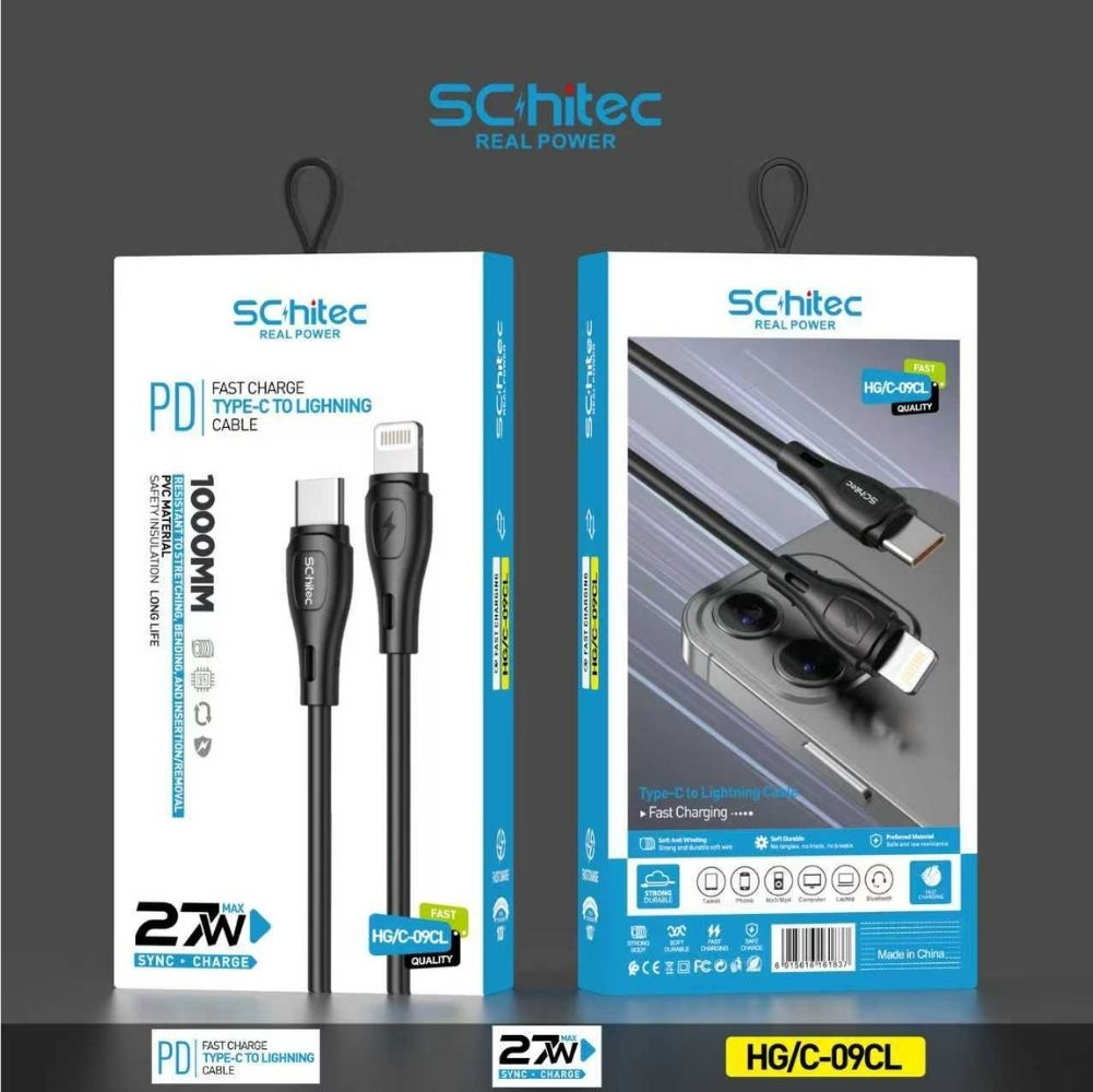 Bir SChitec Tip-C'den Lightning'e şarj kablosu, 1000 mm, ambalaj üzerinde.