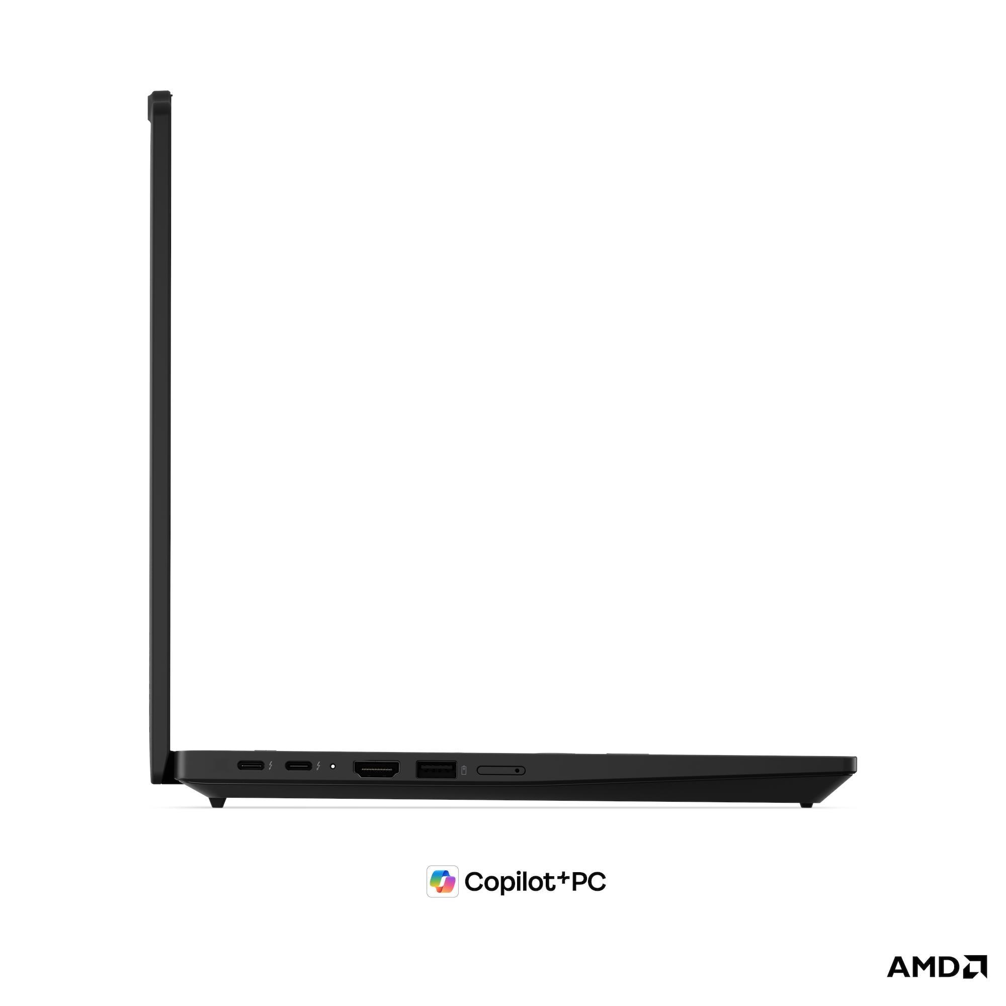 Laptop nero di profilo con porte: USB-C, HDMI, USB-A. Loghi Copilot+PC e AMD.