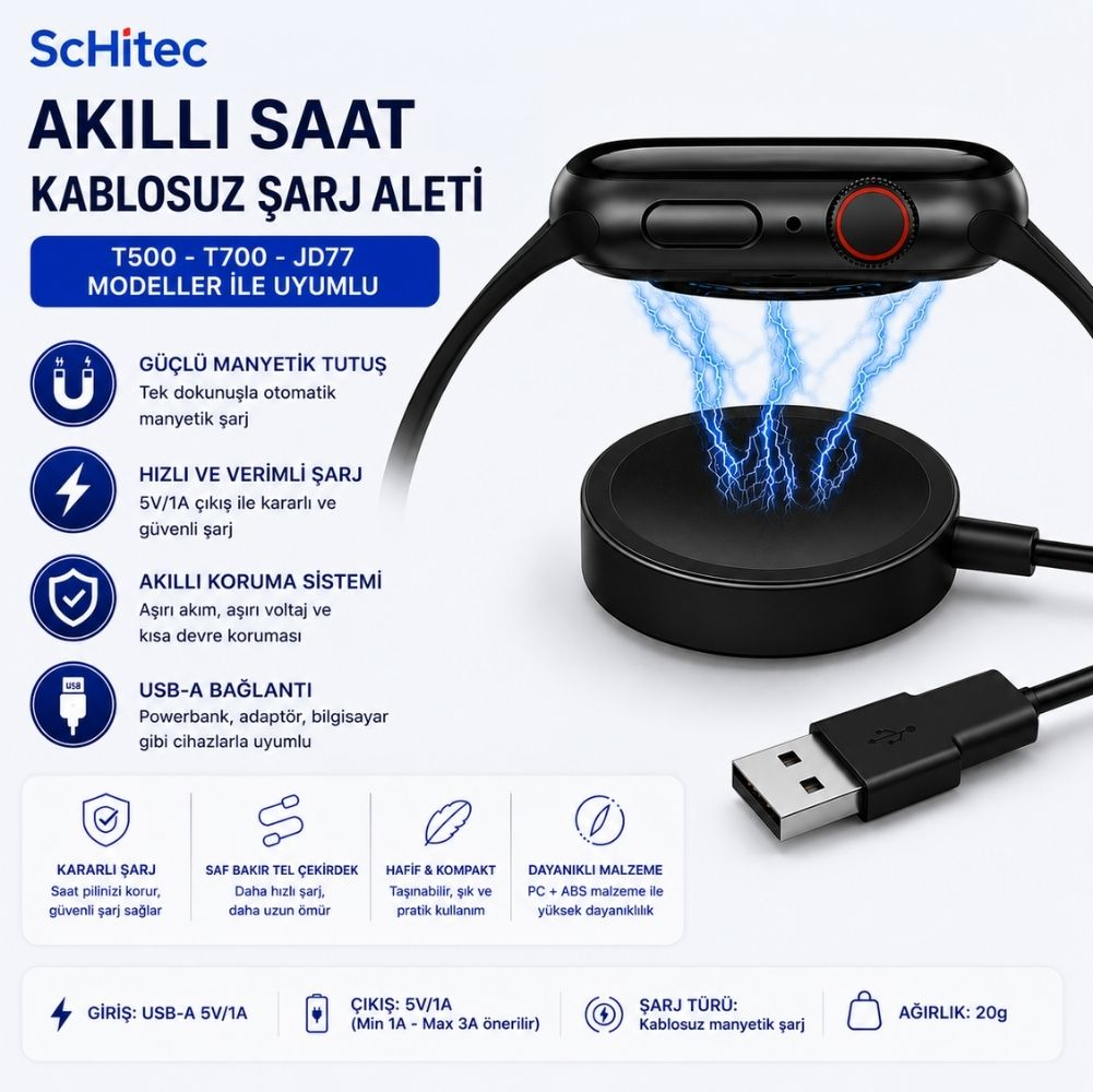 Schitec akıllı saat kablosuz şarj aleti: Manyetik, hızlı, güvenli, USB-A bağlantılı.