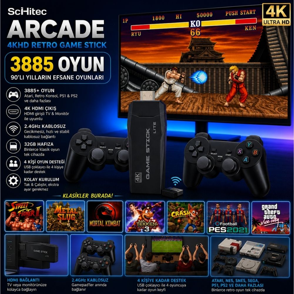 3885 oyunlu retro oyun çubuğu, 2 kontrolcü, HDMI çıkışı ve 4 oyuncu desteği.