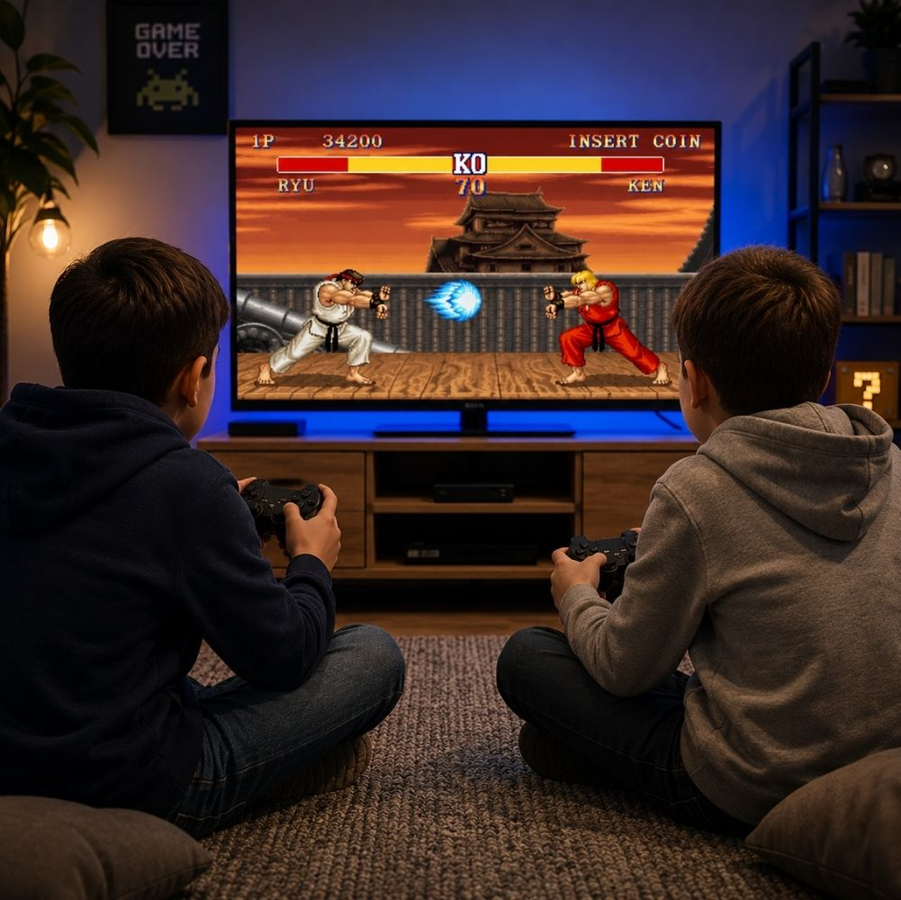 İki çocuk, Ryu ve Ken arasındaki maçı gösteren bir TV'de d övüş oyunu oynuyor.