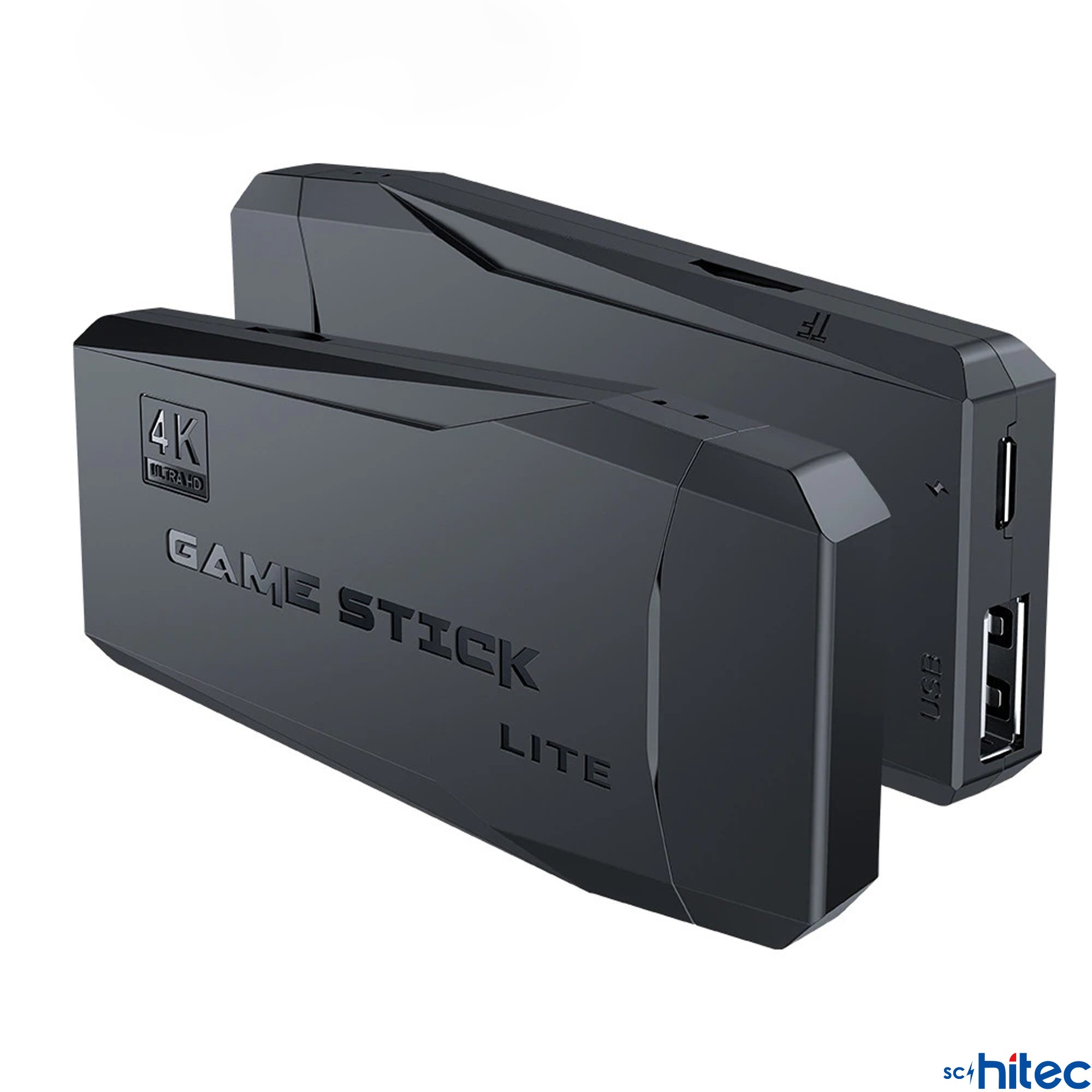 4K Ultra HD logolu ve USB bağlantı noktalarına sahip iki siyah Game Stick Lite cihaz.