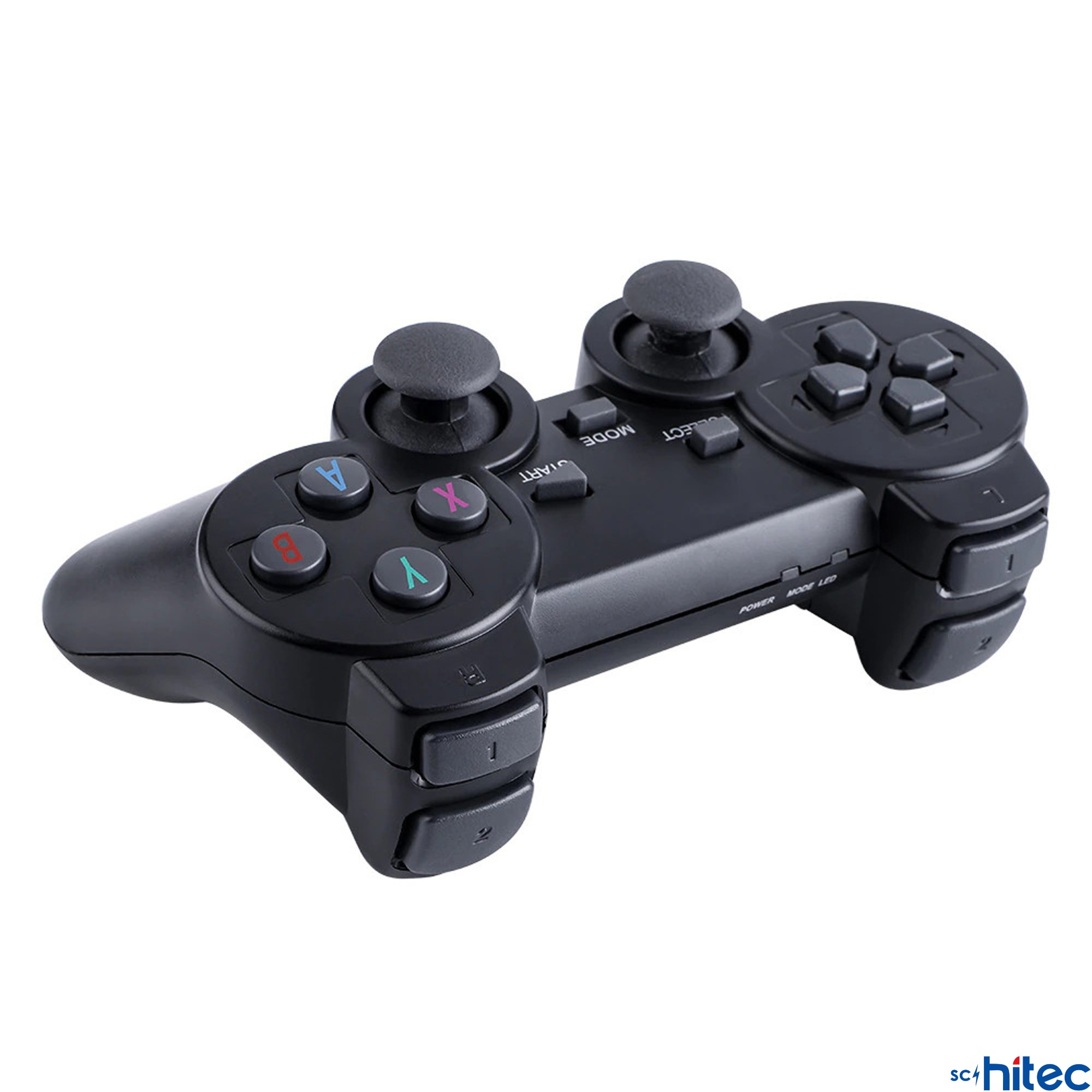 İki joystickli, düğmeli ve tetiği olan siyah oyun kumandası.