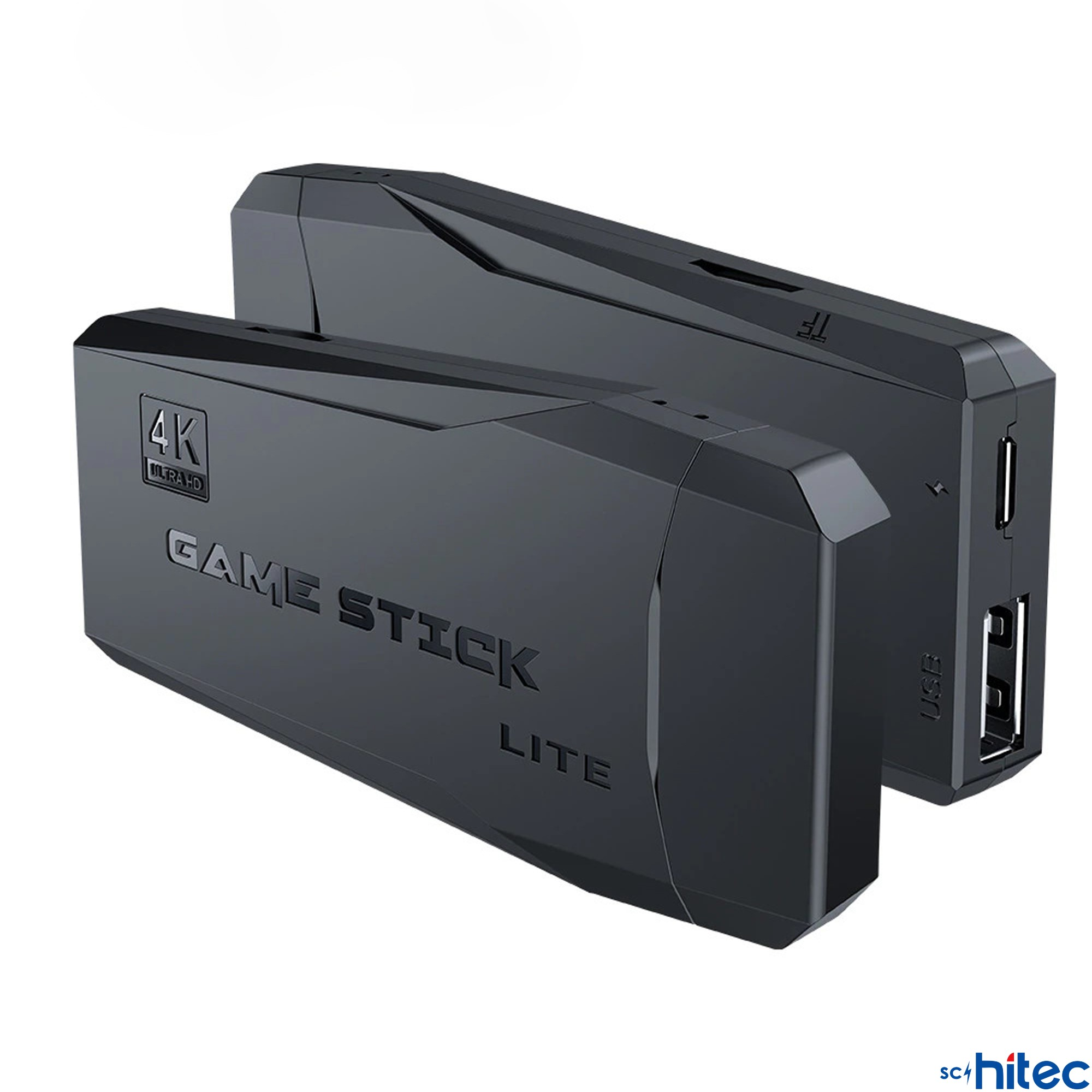 4K Ultra HD markalı ve USB bağlantı noktalı iki siyah 'Game Stick Lite' cihazı.