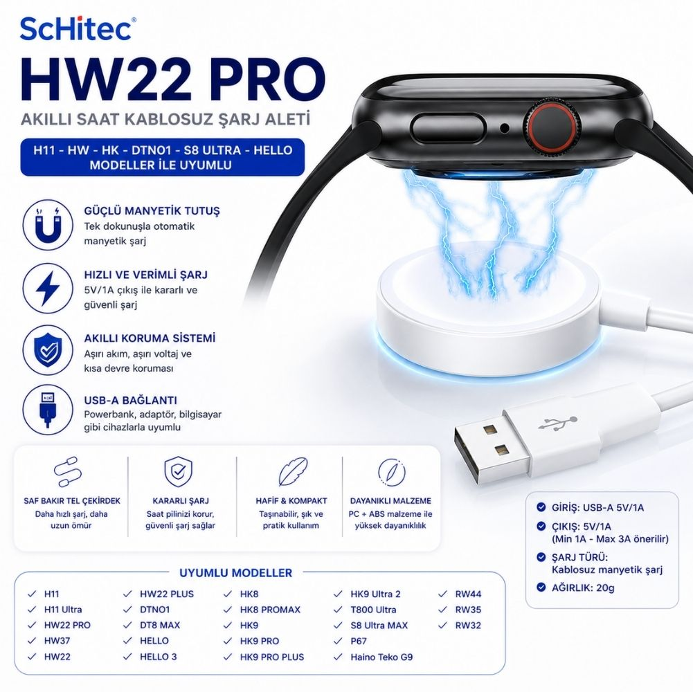 Schitech HW22 Pro kablosuz akıllı saat şarj aleti, manyetik tabanlı, USB-A girişli.