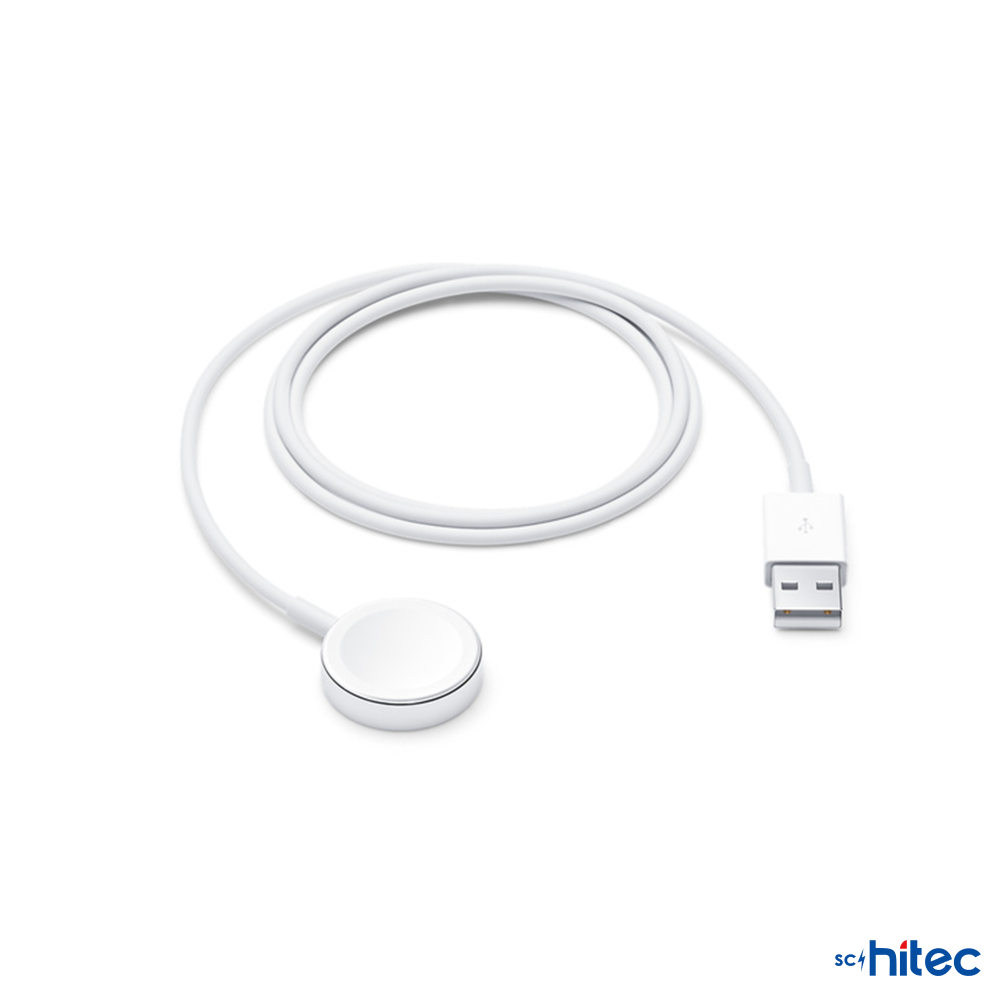 Beyaz arka plan üzerinde USB-A konektörlü beyaz Apple Watch şarj kablosu.