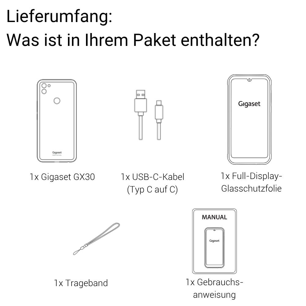 Lieferumfang: Gigaset GX30, USB-C Kabel, Displayschutzfolie, Trageband, Anleitung.