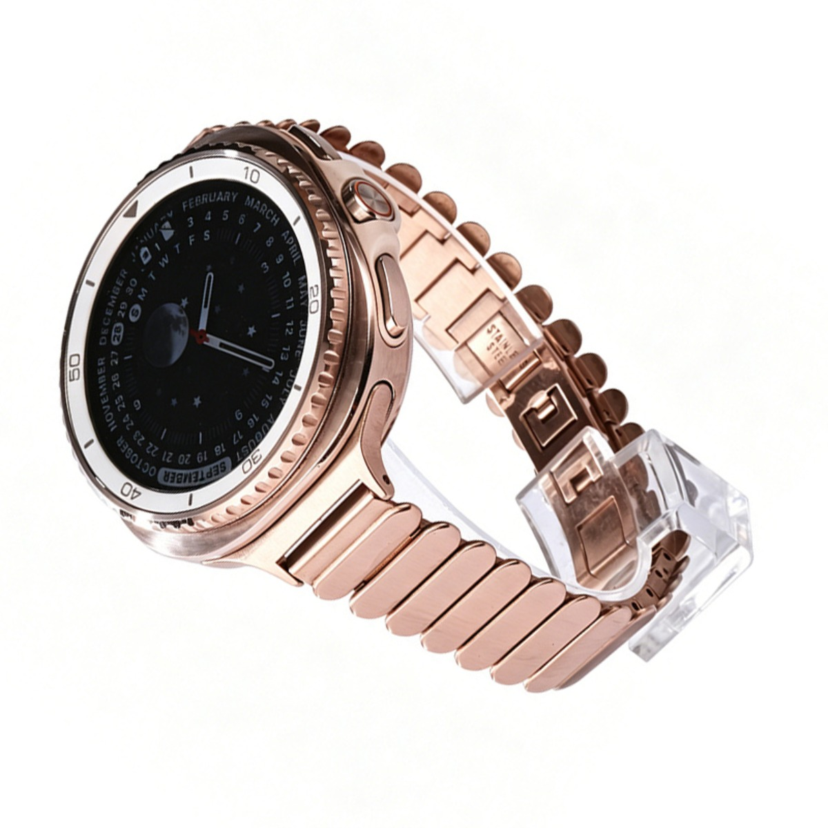 Eine roségoldene Smartwatch mit silbernem Armband auf weißem Hintergrund.