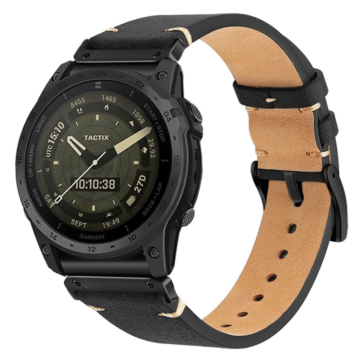 Schwarze Smartwatch mit braunem Lederarmband und digitalem Display.