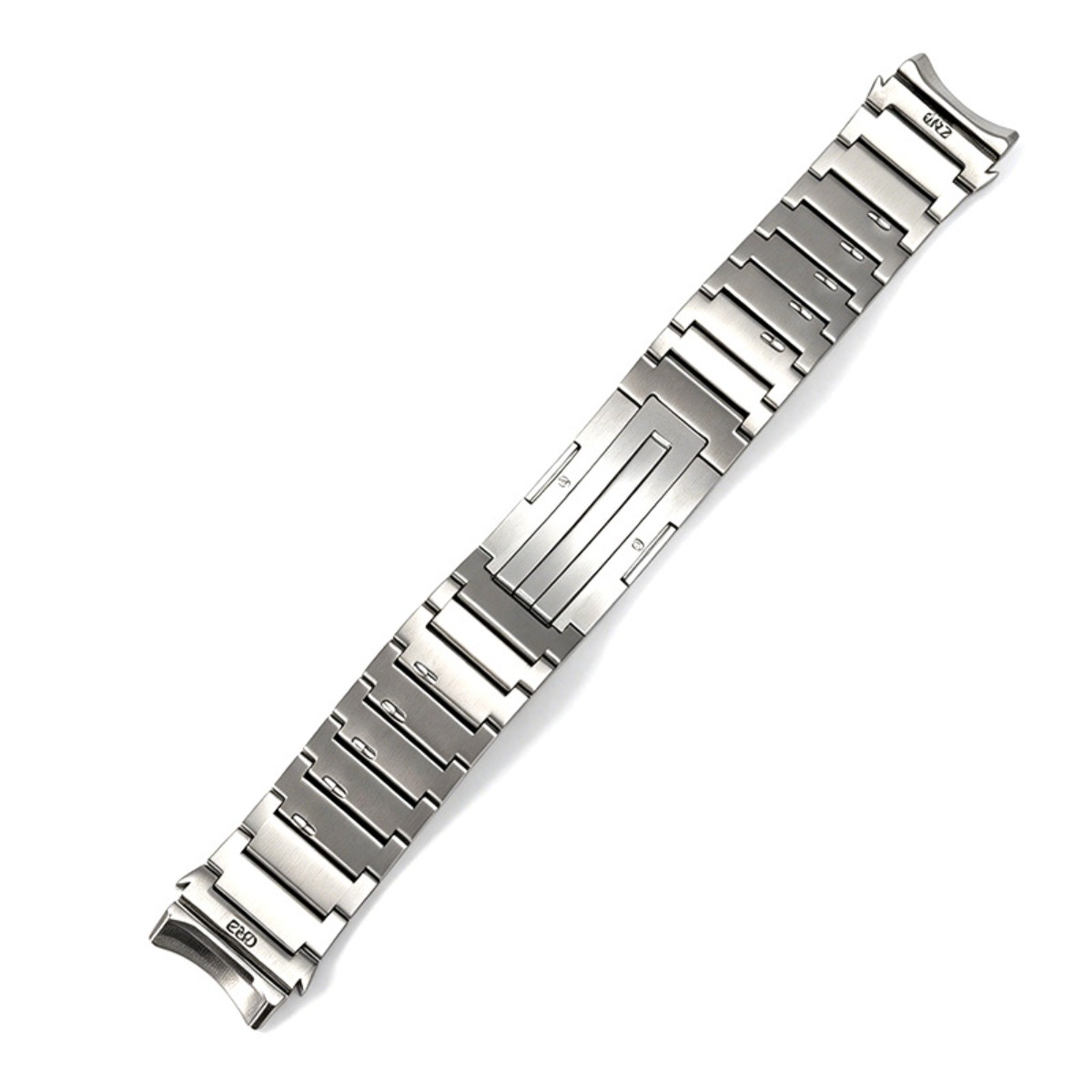 Ein silbernes Metalluhrenarmband mit Gliedern und einer Faltschließe.