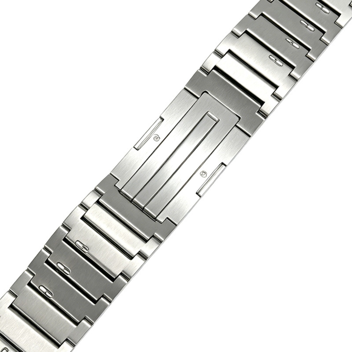 Ein silbernes Metalluhrenarmband mit Gliedern und einer Schnalle.