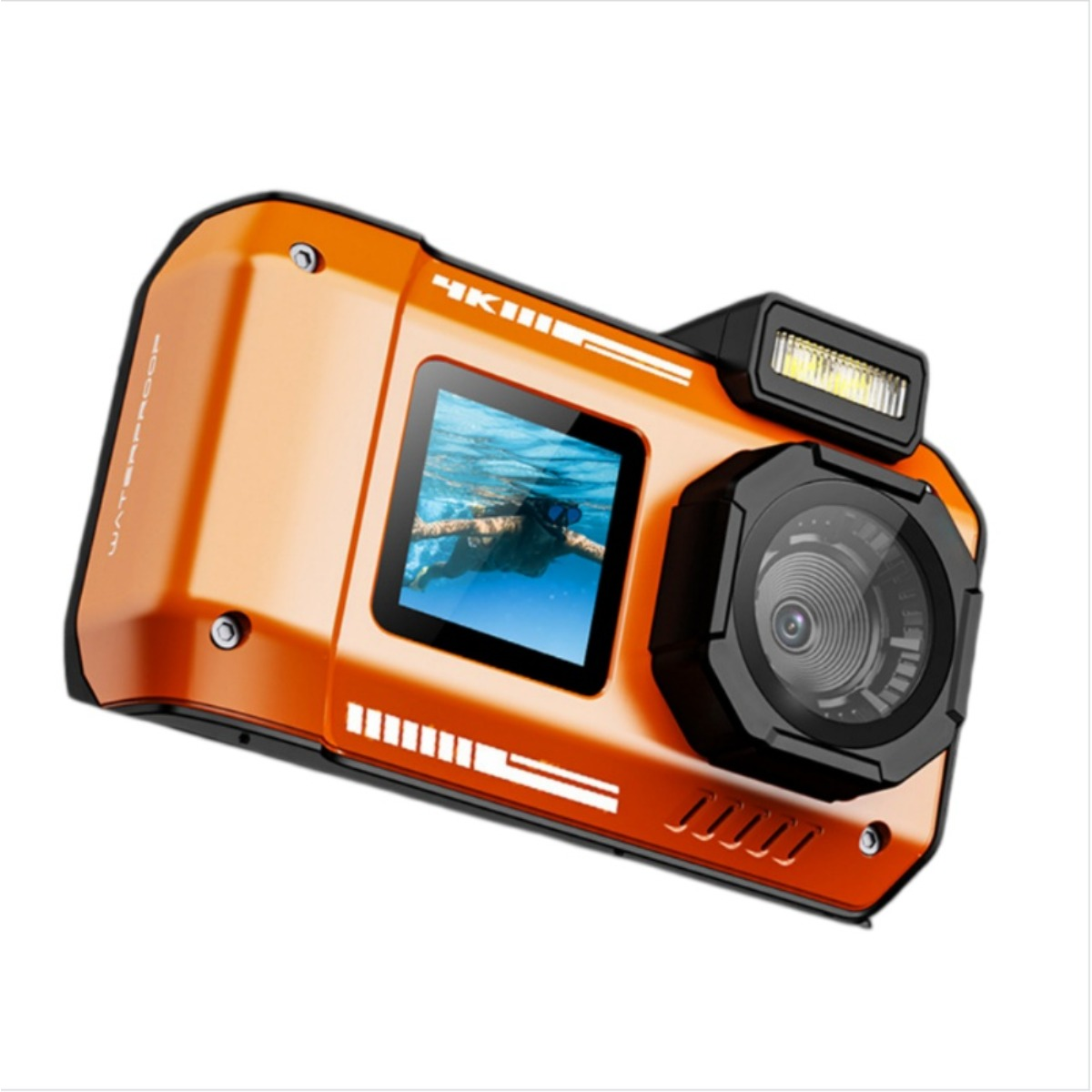 Orange wasserdichte Kamera mit einem Bild einer schwimmenden Person auf dem Display.