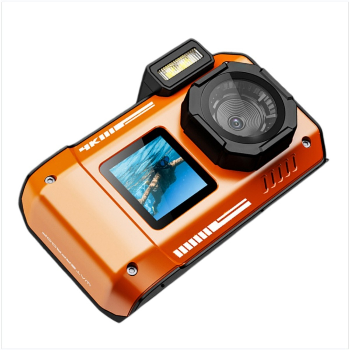 Eine orangefarbene Action-Kamera mit einem Display, das einen Schwimmer zeigt.