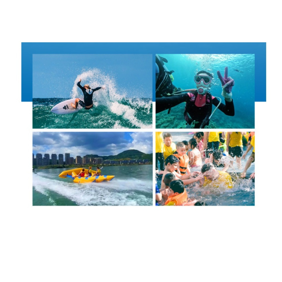 Vier Bilder: Surfer, Taucher, Bananenboot und Leute im Wasser.