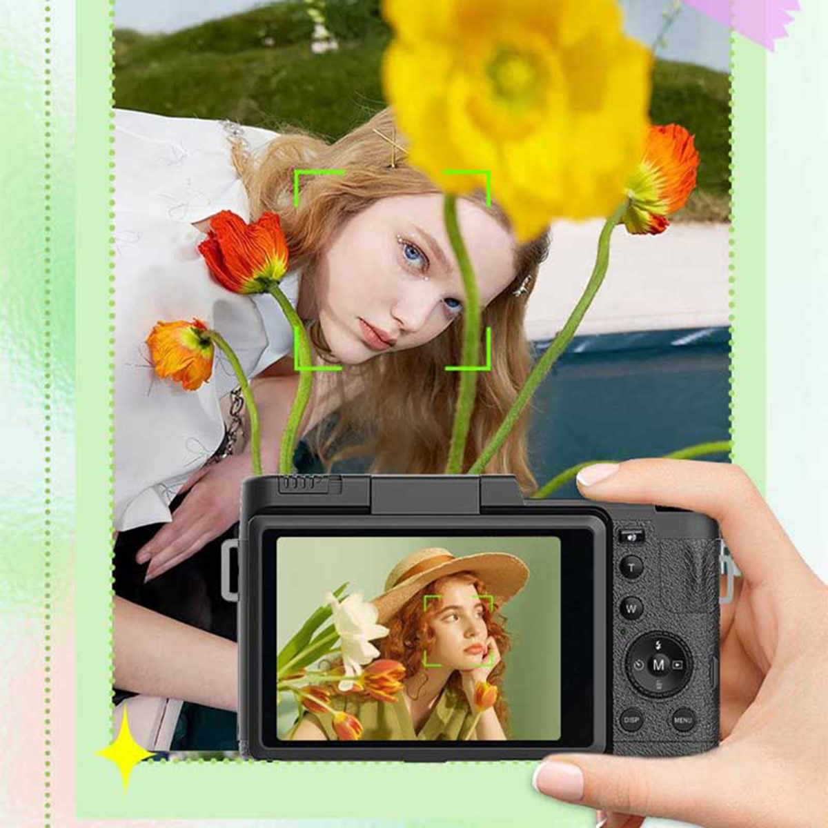 Eine Hand hält eine Kamera, die ein Model mit Blumen fotografiert.