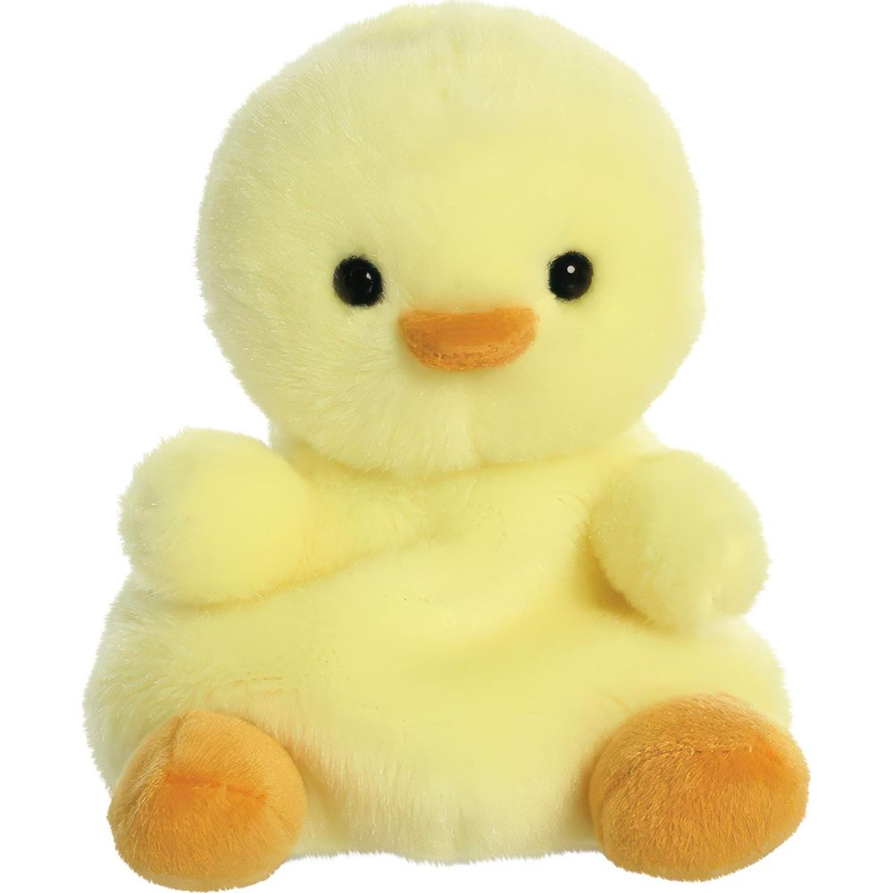 Ein flauschiges gelbes Küken-Plüschtier mit orangen Füßen und Schnabel sitzt nach vorne.