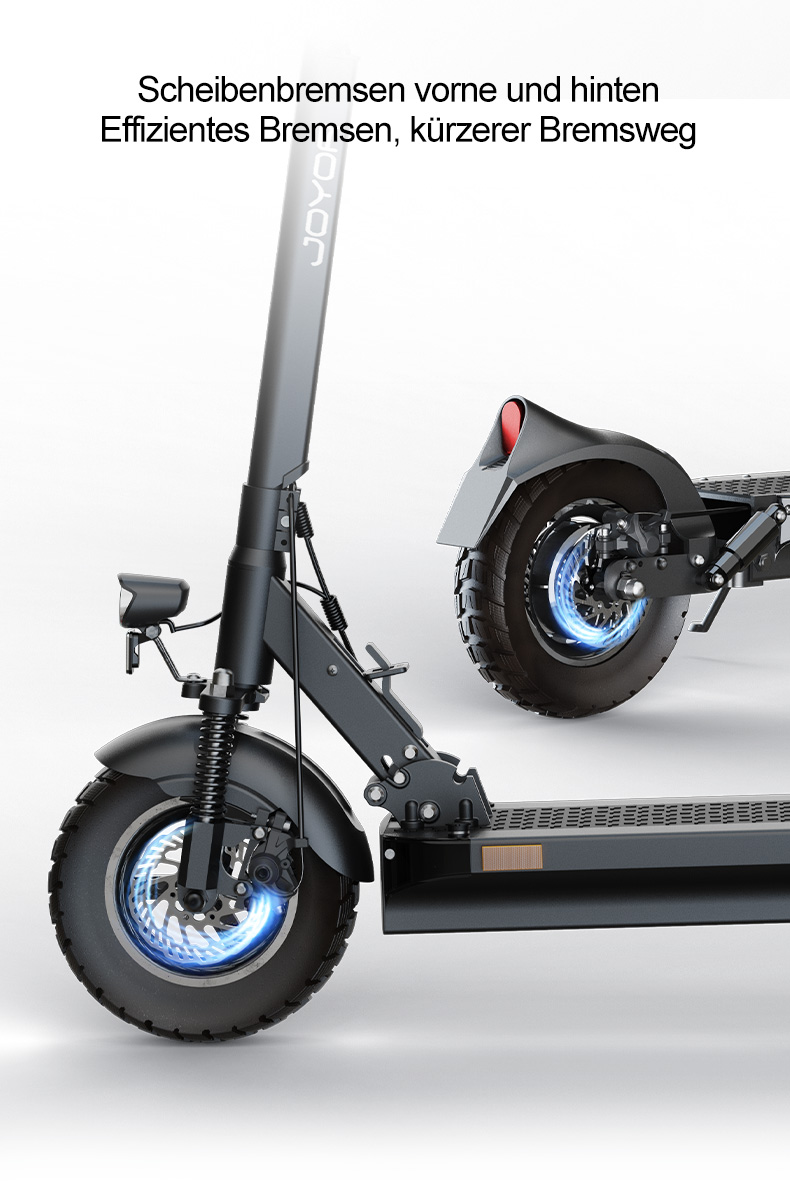 Nahaufnahme eines E-Scooters mit Scheibenbremsen vorne und hinten.
