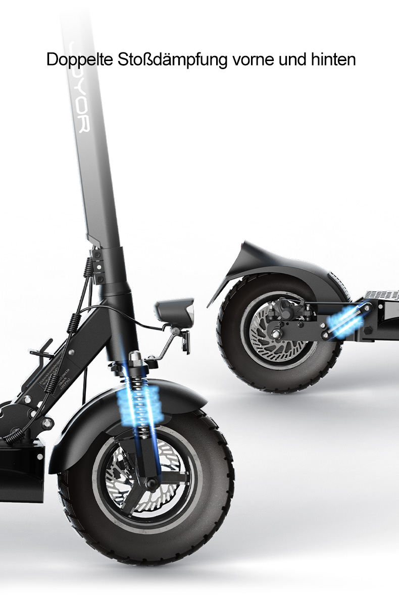 Nahaufnahme eines Elektroscooters mit doppelter Stoßdämpfung vorne und hinten.