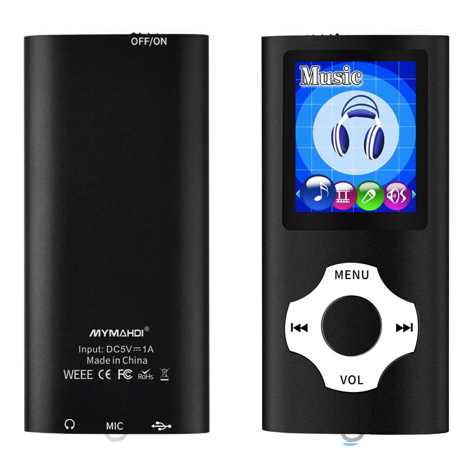 Schwarzer MP3-Player mit Kopfhörersymbol und Steuerungstasten. Rückseite mit Logo und technischen Daten.