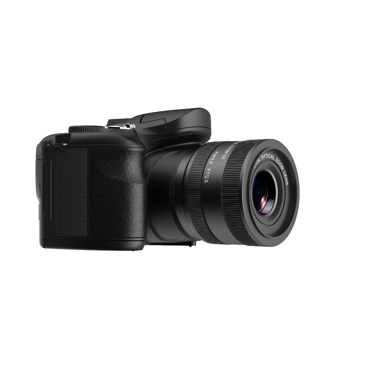Eine schwarze Digitalkamera mit Zoomobjektiv, auf weißem Hintergrund.