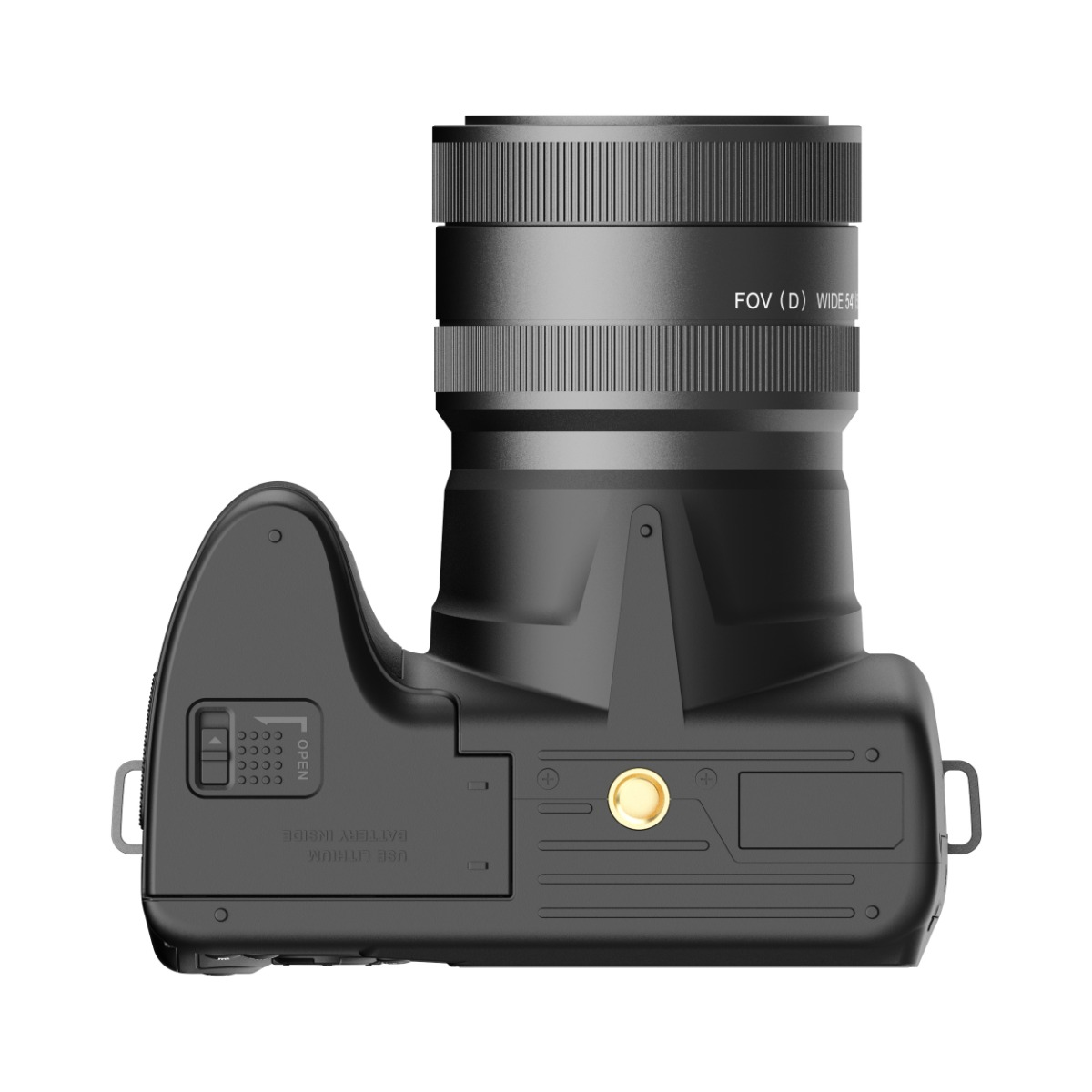 Obenansicht einer schwarzen Kamera mit Objektiv, das „FOV (D) WIDE 54“ anzeigt.