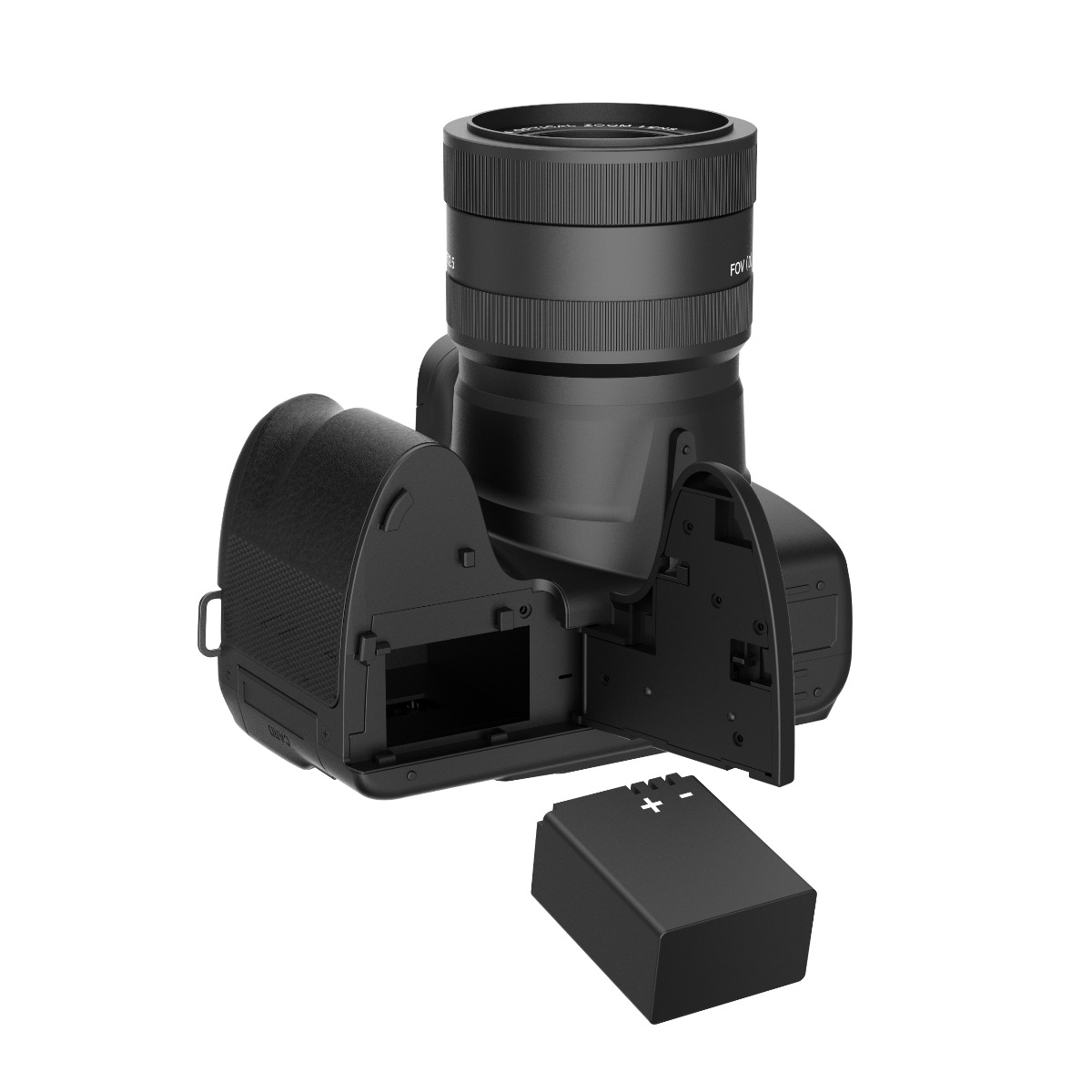 Schwarze Kamera mit offenem Batteriefach und entnommener Batterie.