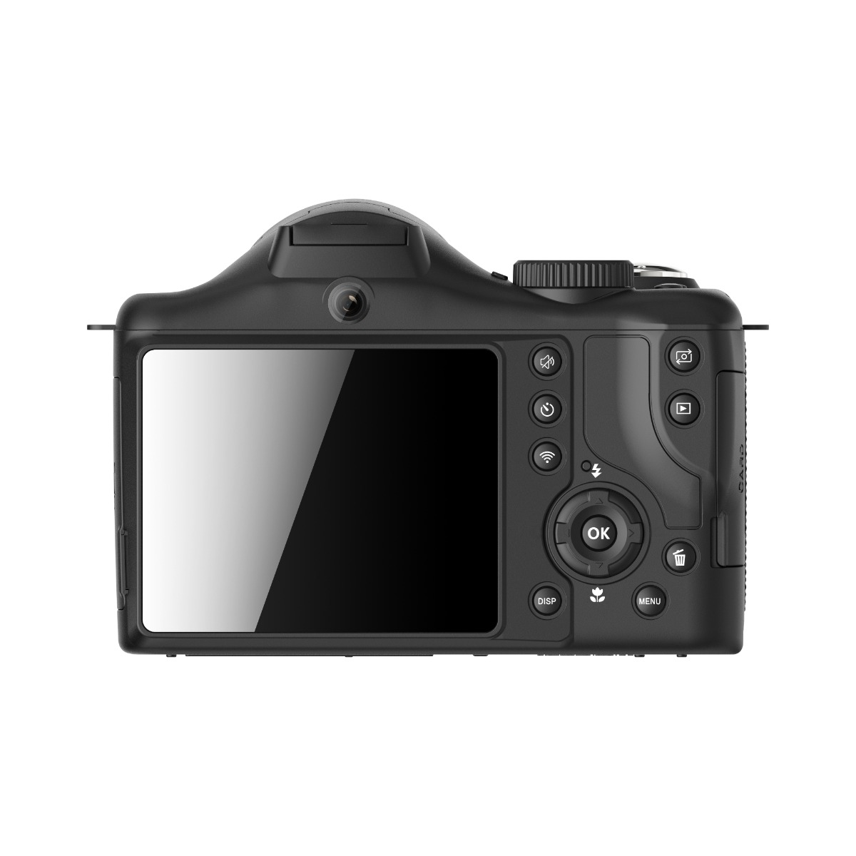 Rückseite einer schwarzen Digitalkamera mit LCD-Bildschirm und Bedienelementen.