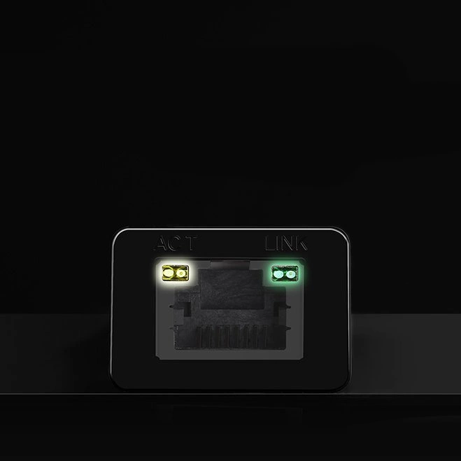 Porta Ethernet con LED verdi e gialli attivi per attività e collegamento.