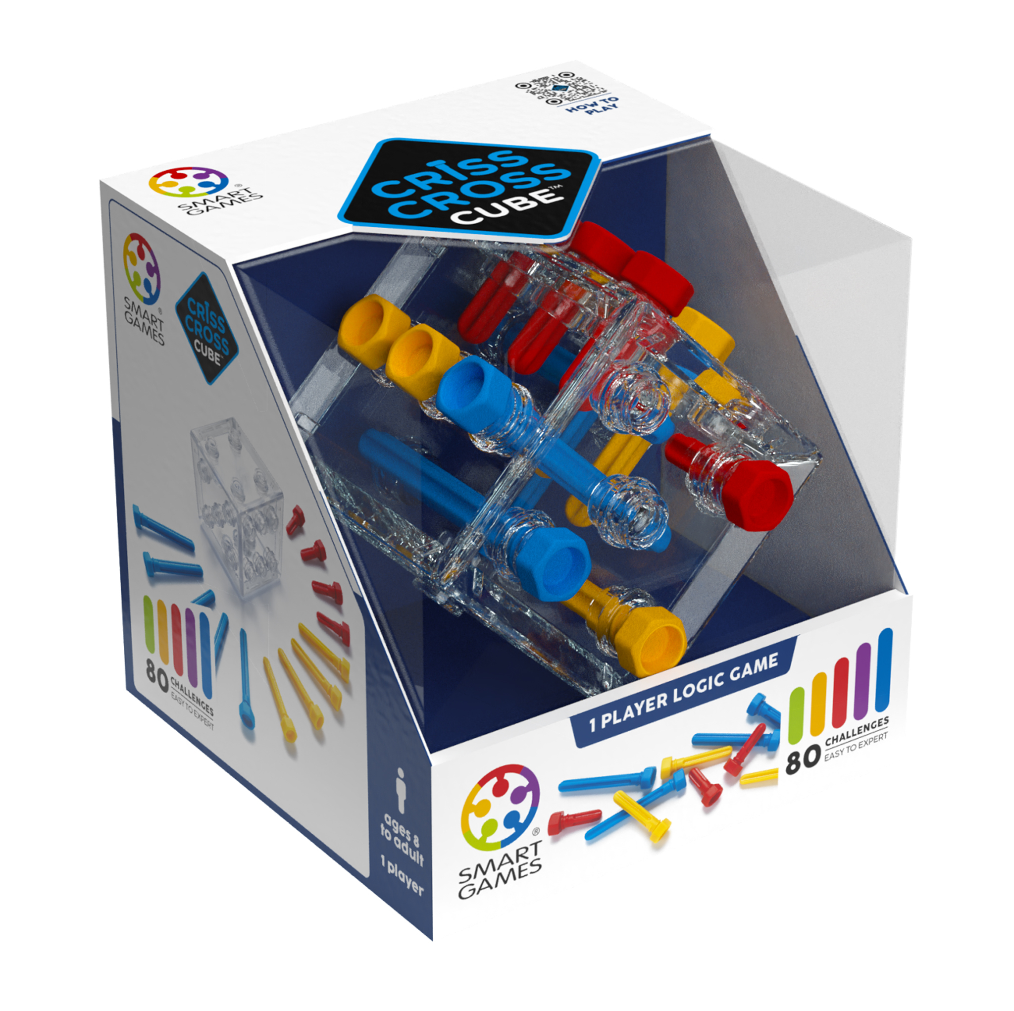 Boîte du jeu Smart Games Criss Cross Cube avec des piquets colorés à l'intérieur.