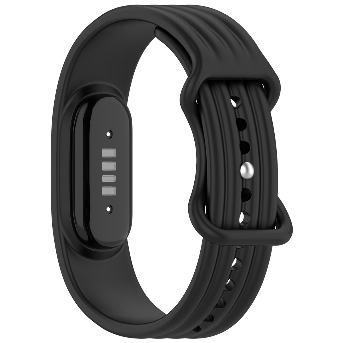 Schwarzes Armband mit Ladekontakten und Schnalle, auf weißem Hintergrund.
