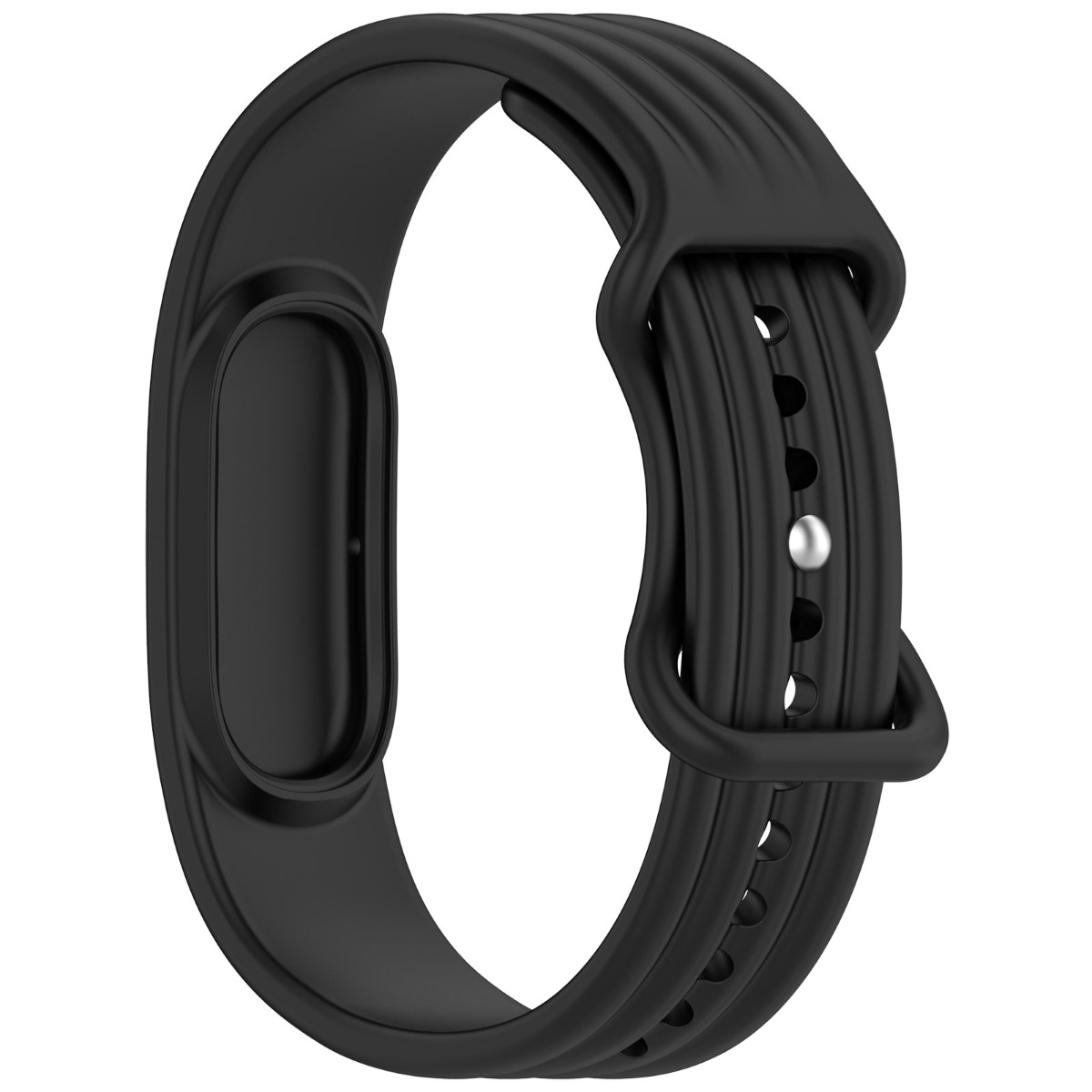 Schwarzes Armband mit gerilltem Design und Metallschnalle.