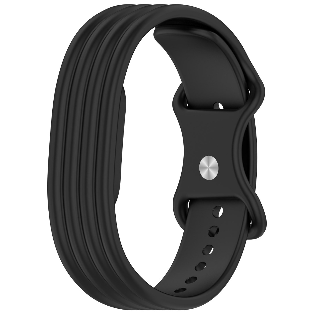 Schwarzes Uhrenarmband mit gerilltem Muster und Silberschließe.