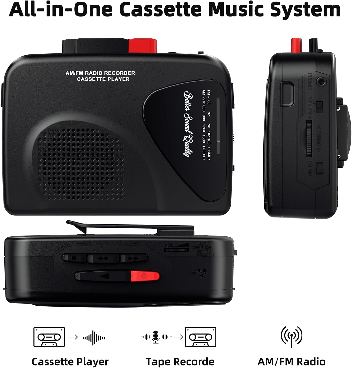 Schwarzer All-in-One-Kassettenrekorder mit AM/FM-Radio und Aufnahmefunktion.