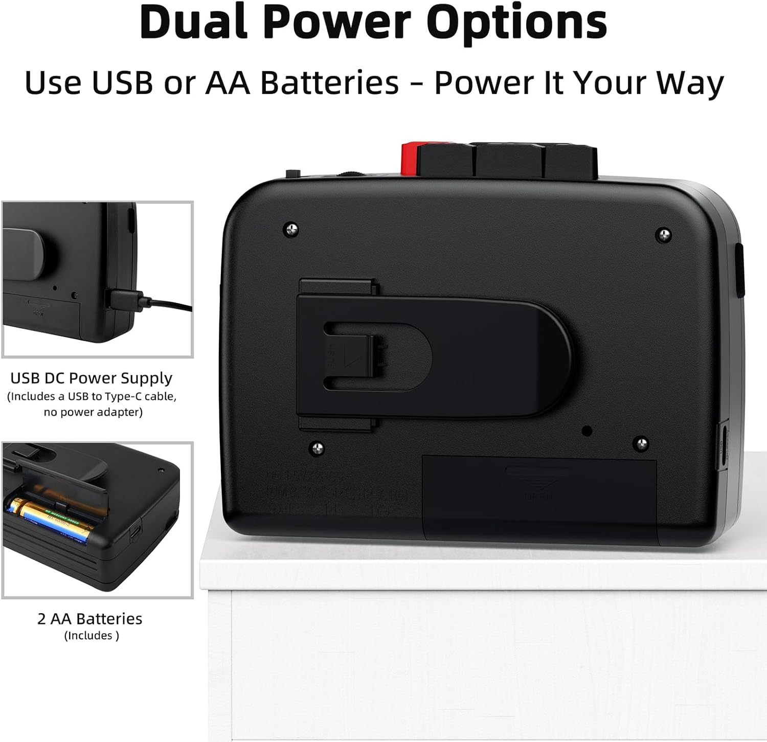 Schwarzes Gerät mit USB-Anschluss und AA-Batteriefach.