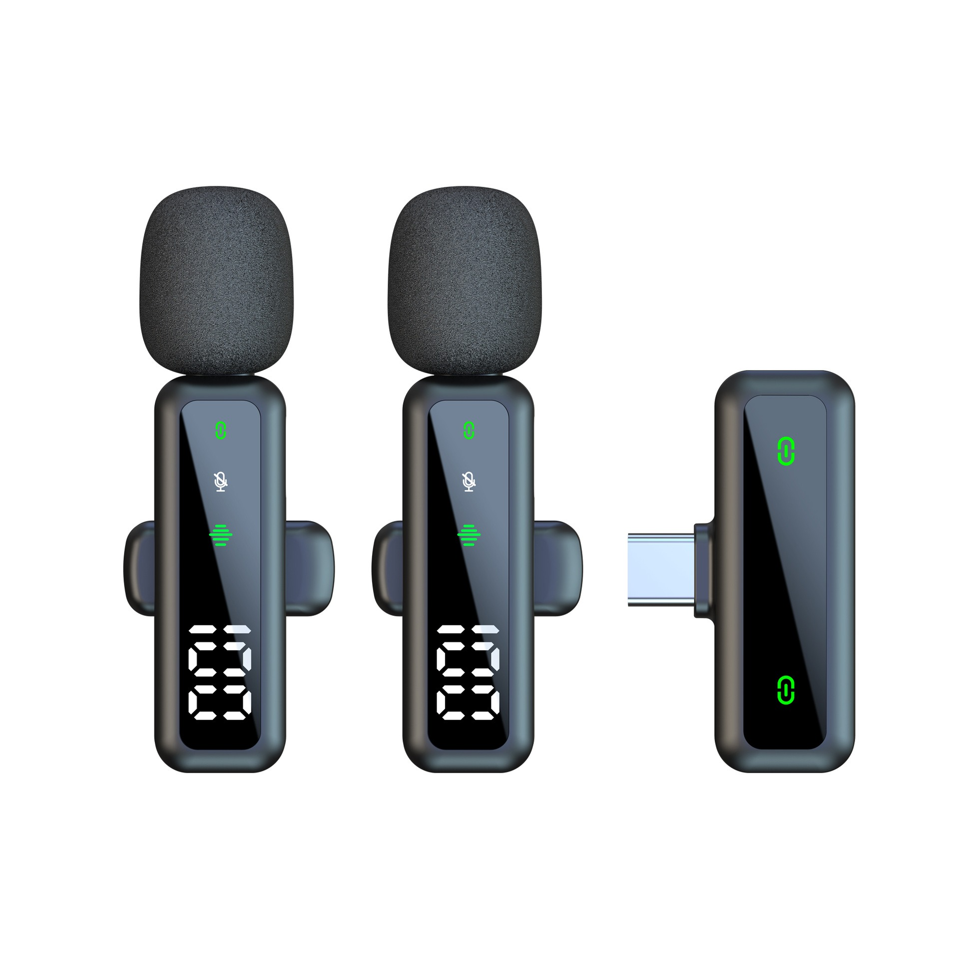 Drei schwarze Mikrofone mit digitalen Displays und USB-C-Anschluss.