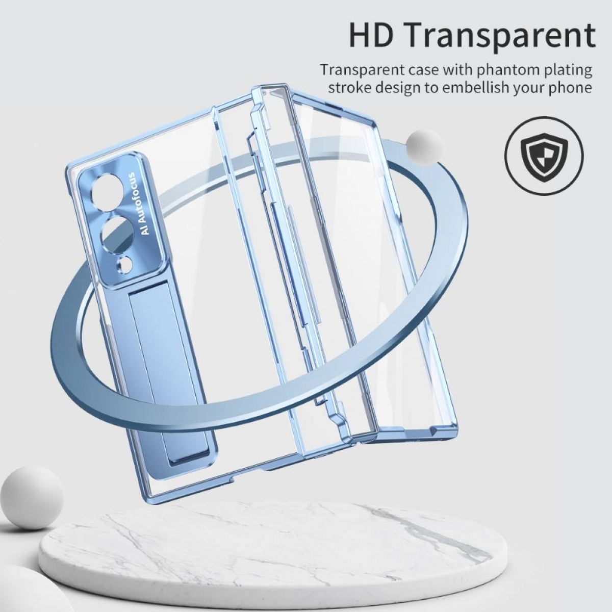 Transparente Handyhülle mit blauem Ständer und Kamerahalterung.