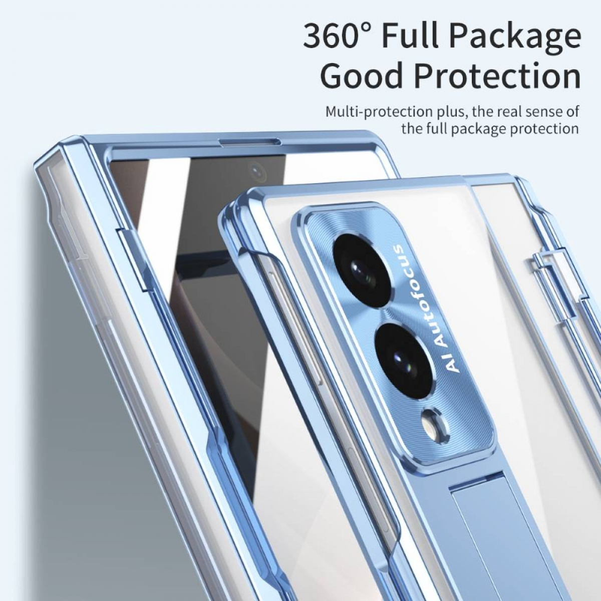 Ein blauer Handyhülle mit transparentem Rückenteil und Kamera-Detail.