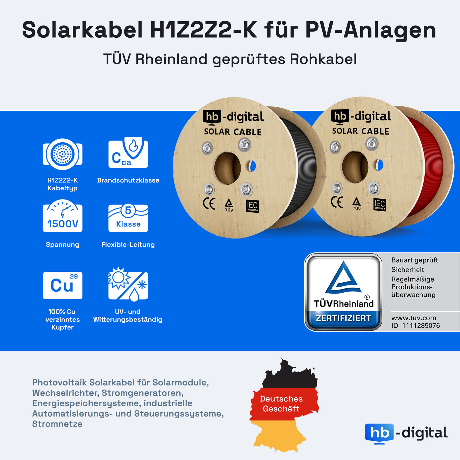 Solarkabel H1Z2Z2-K für PV-Anlagen, TÜV Rheinland geprüft. Mit 2 Kabelrollen, 1500V, Klasse 5, 100% Cu.