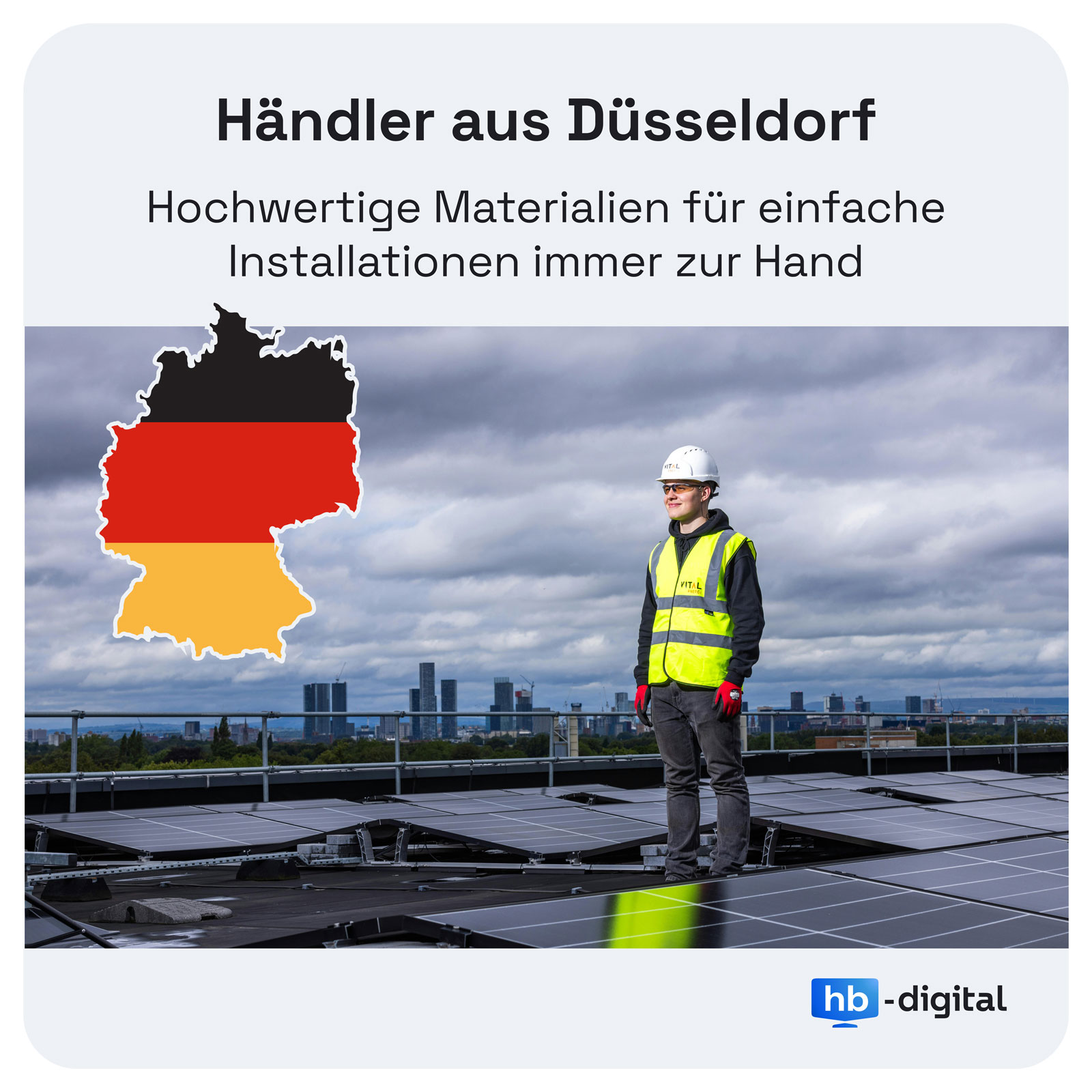 Mann in Warnweste auf Dach mit Solarpaneelen, Deutschlandkarte.