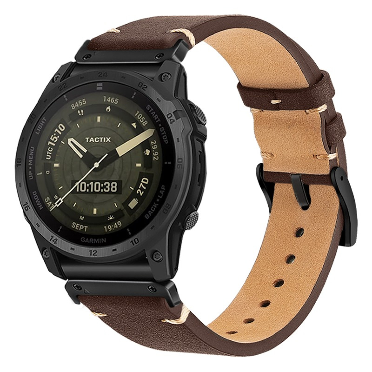 Schwarze Garmin Tactix Uhr mit braunem Lederarmband. Digitalanzeige zeigt 10:10:38.